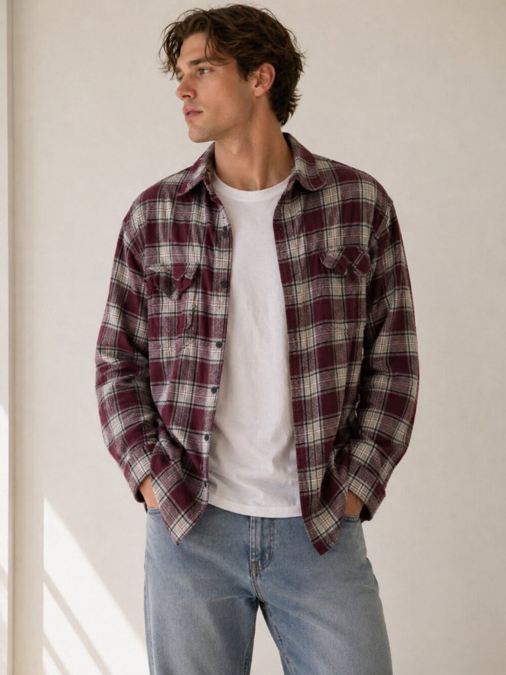 FarWest Plaid Flannel Button-Up Shirt Burgundy Cream Cotton L